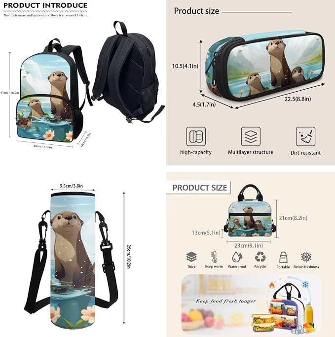 Cartoon Otter School Backpack Set 4 Pcs Girl's Schoolbag Sets Big Capacity Bookbag with Lunch Box Pencil Case Water Carrier Pouch for Primary,Secondary School,Back to School Gift - Image 3
