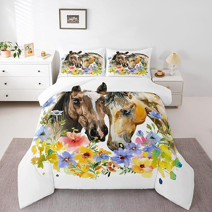 Erosebridal Horse Down Comforter, Flower Branches Comforter Set Full Size for Kids Boys Girls, Watercolor Flower Nursery Bedding Set Rustic Country Quilted Duvet 3 Pieces with 2 Pillow Cases - Image 3