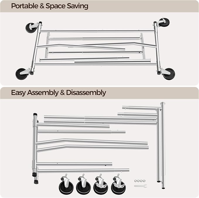 Yaheetech Rolling Clothes Rack, Clothing Racks for Hanging Clothes Portable Clothes Rack, Heavy Duty Clothes Rack with Extendable Hanging Rod,Chromed, Silver - Image 8