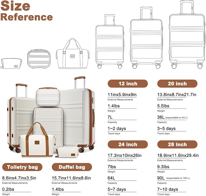 Kono Suitcase Set 3 Piece Luggage Set Expandable with Spinner Wheels | Lightweight PC+ABS Carry On Hardside Luggage with TSA Lock (Cream White, 6 piece set) - Image 6
