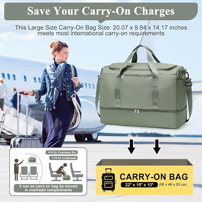 Large Travel Duffle Bag,Carry on Overnight Weekend Bag with Shoes Compartment,Weekender Bags for Women for Travel Business Trips Sport Hospital,Olive Green - Image 2