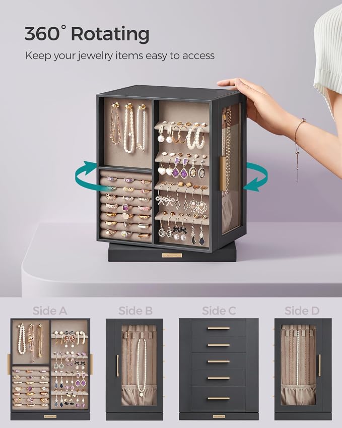 SONGMICS GISELLA Collection - Jewelry Box Organizer 360° Rotating, Vertical Jewelry Storage Case with 5 Drawers, Glass Window, Spacious, Open Design, Great Gift, Slate Gray UJBC170G01 - Image 3