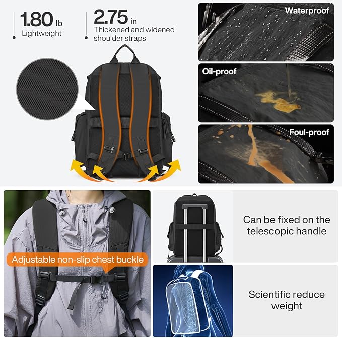 mixi Travel Backpack for Women Men, 18 Inch Carry On Laptop Backpack Flight Approved fits 16'' Laptop, Lightweight Waterproof Hiking Backpack Travel Outdoor Business Casual Daypack, Black - Image 4