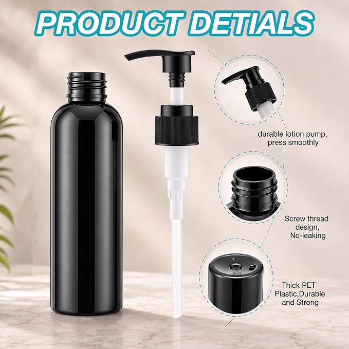 Nuenen 48 Pcs Refillable Empty Lotion Bottles 4oz/120ml Plastic Pump Bottles Conditioner Shampoo Dispenser Leak Proof Pump Container for Body Wash, Creams, Liquid Soap (Black) - Image 3
