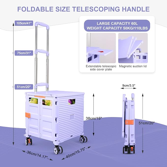 FELICON SELORSS Folding Utility Cart Portable Rolling Crate Handcart-Purple | Magnetic Sliding Lid,Telescoping Handle,Plastic Box Dolly,360°Swivel Wheels for Travel Shop Move Laundry Office Teacher Use - Image 4