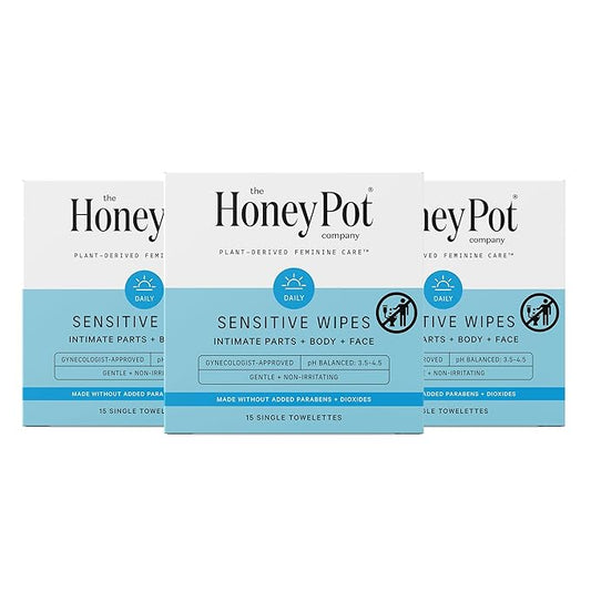The Honey Pot Company - Feminine Wipes - Indivdually Wrapped - Daily PH Balancing, Fragrance & Sulfate Free Wipes for Intimate Parts, Body, or Face - Hygiene Products - 15 Ct (Pack 3)