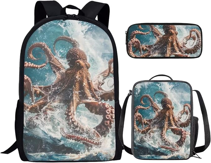 17 Inch Animal Print School Backpack And Lunch Box Set for Kids Lightweight Angry Sea Octopus Backpack for Boys Girls Sturdy School Bag with Insulated Lunchbox Pencil Case Student Bookbag by Parprinty