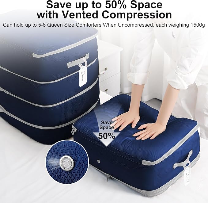 Comforter Storage Bag - Large Capacity Blanket Storage Bags 4-Layer Ultra Space Saving Self Compression Organizer, Washable Compression Bags for Storage Comforter Blanket, 2-Pack, Navy Blue - Image 3