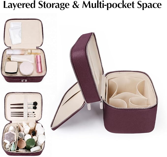Makeup Case,Leather Double Layer Makeup Bag Duo,Large Portable Travel Toiletry Case Cosmetic Organizer for Women - Image 4