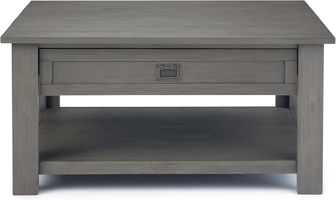 SIMPLIHOME Monroe Square Coffee Table - 38 inch Wide Solid Acacia Wood Living Room Table in Farmhouse Grey, Rustic Cocktail Table for Family Room or Lounge with 2 Drawers and Open Shelf