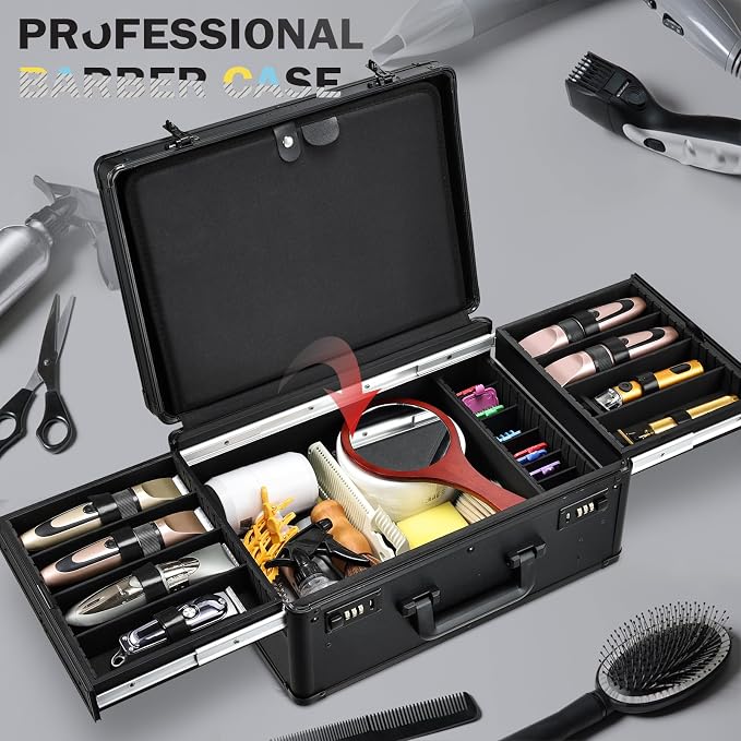 Yueieoun Barber Case with Clippers Sliding Tray, Profesional Barbers Briefcase Tool Case, Barber Cases for Clippers and Supplies, Hair Scissors Trimmer Organizer, Salon Grooming Hard Travel Suitcase - Image 2