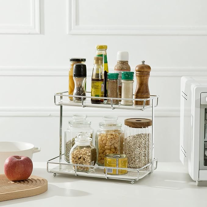 Bathroom Organizer Countertop Perfume Organizer Makeup Organizer Cosmetics Storage Display Rack Vanity Tray Dresser Stainless Steel Gold Shelf White Marble Ceramic Tray (2 Tier L-Sliver) | Perfume Organizer - Image 8