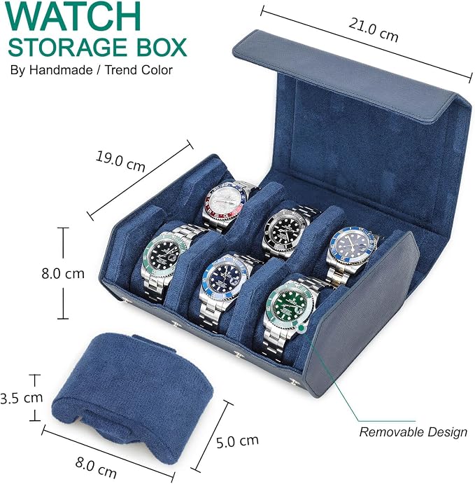 Hiram Genuine Leather Hexagon Watch Roll Travel Case, Leather 6-Watches Roll Case with Removable Pillow Cushion for Treasured Watches and Bracelets-Blue - Image 2