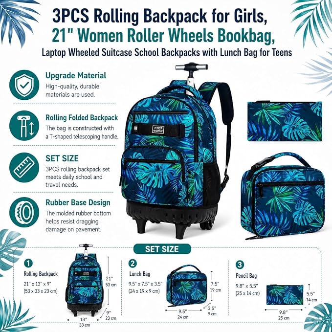 3Pcs Rolling Backpack for Men, 19 Inche Adult Bag with Roller Wheels, Wheeled Bookbag Set for Boys - Green - Image 5