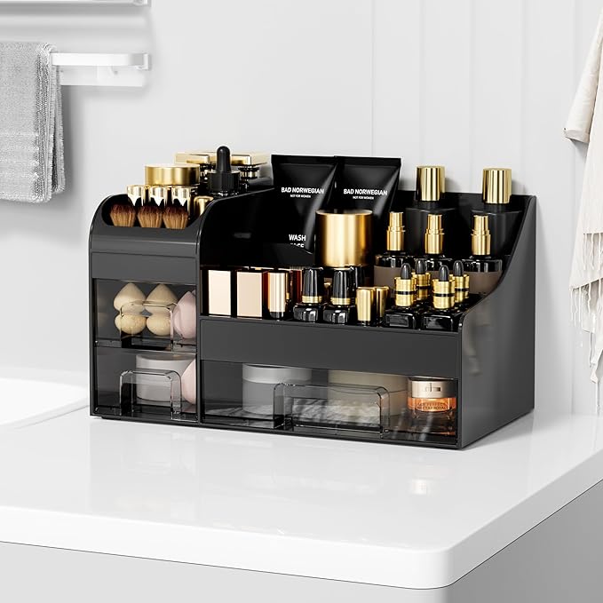 Extra Large Makeup Organizer for Vanity,Countertop Organizer with Drawers and Brush Holder,Men’s Cologne Organizer for Bathroom,Cosmetic Skin Storage for Lipsticks,Nail Polish & Shaving Lotion,Black - Image 2