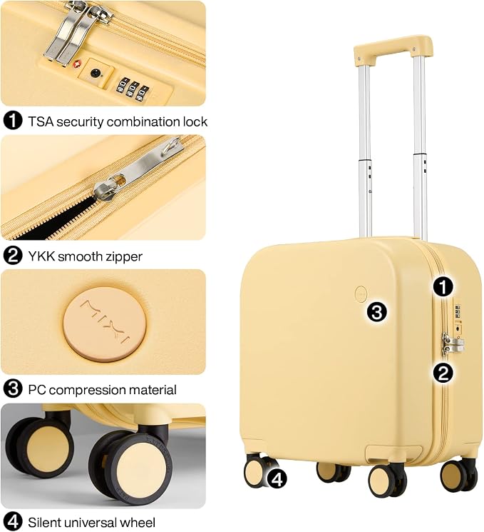 mixi Carry on Luggage, Suitcase with Spinner Wheels 16in Luggage Hardshell Lightweight Rolling Suitcases PC with Cover & TSA Lock, Lark Yellow - Image 4