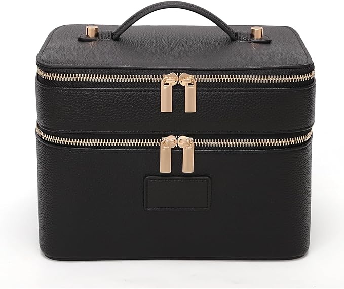 HiTotes Large Makeup Bag Duo Vanity Case for Women Leather Makeup Case Travel Toiletry Bag Portable Double Layer Cosmetic Bag by HiTotes