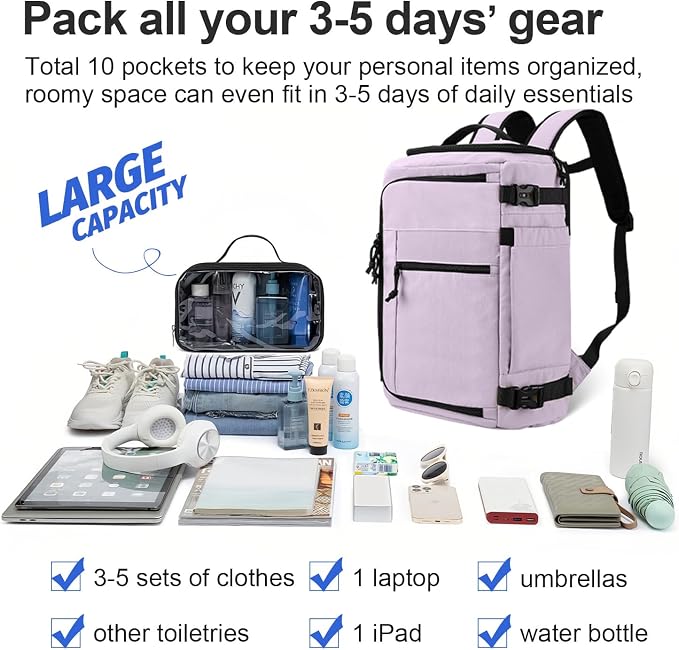 Carry On Travel Backpack Flight Approved Laptop Backpack for Women Men | Personal Item Travel Bag, Casual Weekender Daypack with Wet Pocket for Business, Hiking - Image 8