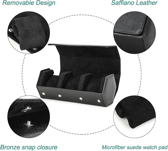 Hiram Genuine Leather Hexagon Watch Roll Travel Case, Leather 3-Watches Roll Case with Removable Pillow Cushion for Treasured Watches and Bracelets -Black - Image 4