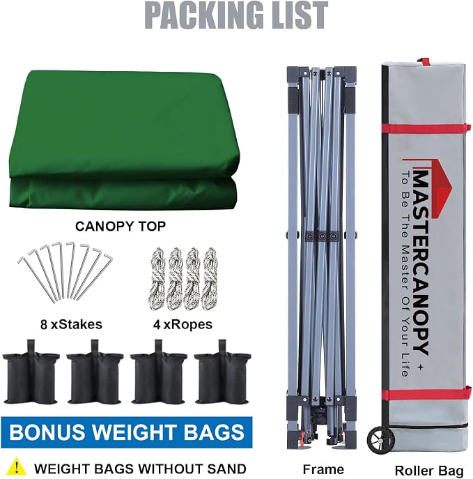 MASTERCANOPY 10x10 Pop Up Canopy Tent, 1 Person Setup Instant Shelter,Outdoor Portable Beach Canopy with Roller Bag, 4 Sandbags, 4 Ropes, 8 Stakes (10x10, Forest Green) - Image 5