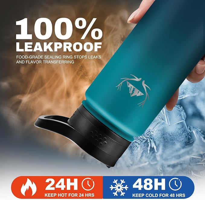 NATURE PIONEOR 24 oz Insulated Water Bottle with Carrier Bag & 3 Lids | 18/8 Food-grade Stainless Steel, Double Vacuum Insulation, 3 Leak-proof Lids, Strap, Camping, Hiking, Gym, Work - Image 3