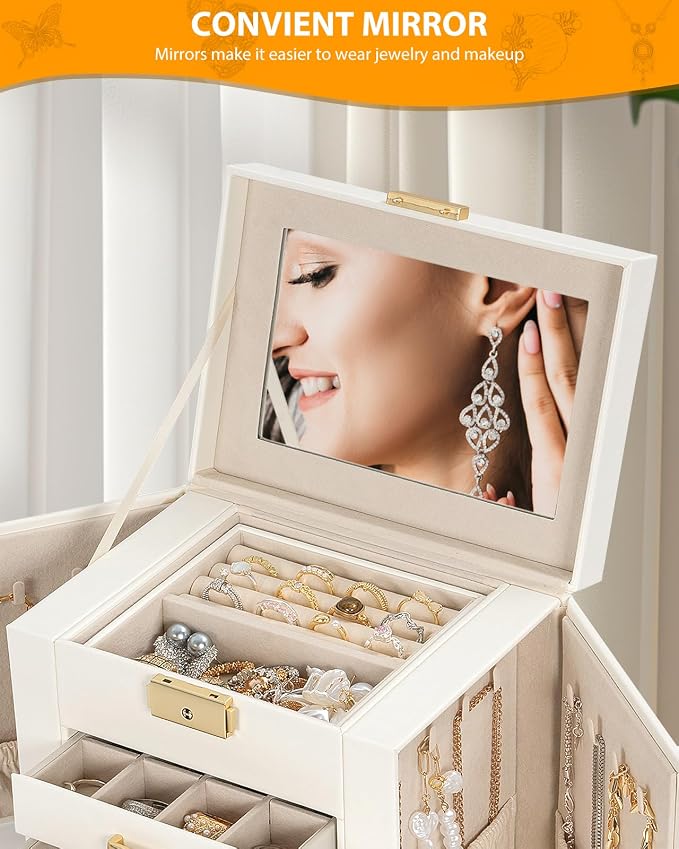 AKOZLIN 4-Tier Jewelry Box Leather Jewelry Storage Organizer with 3 Drawers Lockable for Women Girls Ring Necklace Earring Bracelet Holder with Mirror White - Image 7