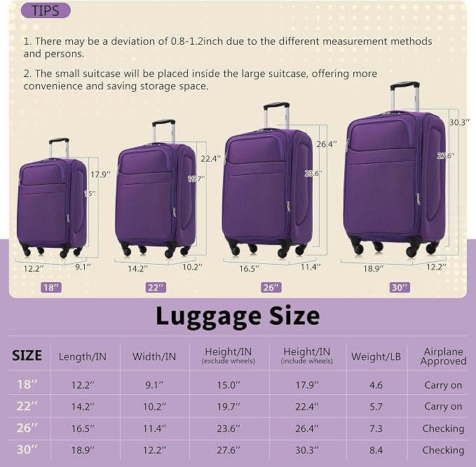 Merax 4 Piece Soft Luggage Set 18/22/26/30,Expandable Suitcase,Purple | Suitcase Set with TSA Lock,Spinner Wheels,Telescopic Handle,Front Pocket,Lightweight Travel Luggage for Family Trips - Image 2