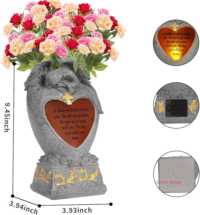 Cemetery Decorations for Grave,Cemetery vases for Grave,Decoration for Graves, Garden Angel,Cemetery vase with led,Family Garden Memorial Statue Funeral Gift, Angels Solar Lights,Crying Angel (Gray)