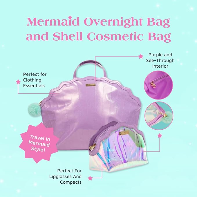 Glimmer Wish Mermaid Overnight Bag and Shell Cosmetic Bag for Essentials and Cosmetics, Secure and Organized Travel Bags, Gifts for Teens and Girls - Image 3