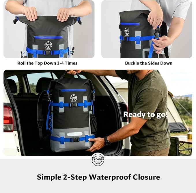 STOVER 30/40/55L Waterproof Dry Backpack & Phone Case - X-Large Floating Dry Bag for Kayaking, Travel, Hiking, Fishing, Camping, Motorcycles & Beach, Heavy-Duty Roll Top Men/Women (Black/Grey/Blue) - Image 6