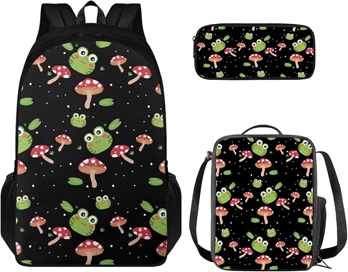 Coloranimal Frog Mushroom 3Pcs Backpack Set School Bag 17 Inch Large Capacity Rusksack Mini Lunch Bag Pencil Case for Middle Elementary Students Back to School Gifts by Coloranimal