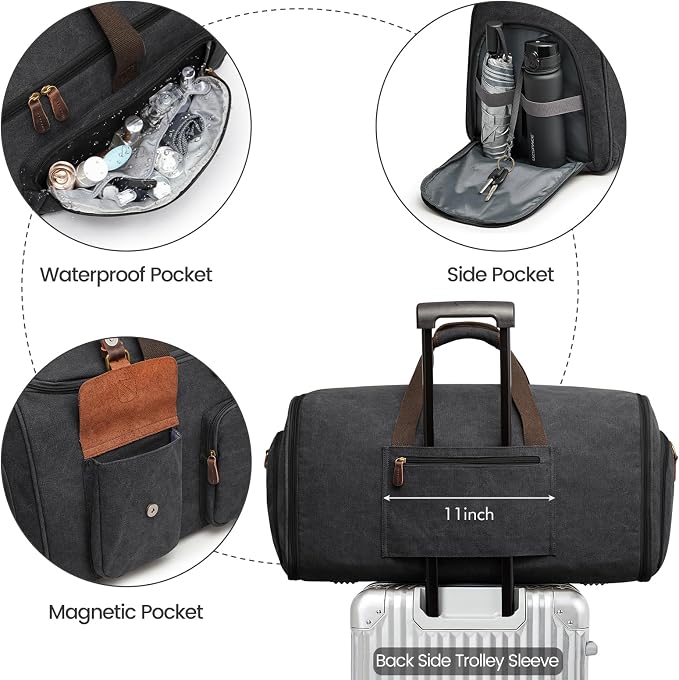 S-ZONE Garment Bags for Travel Canvas Duffle Bags for Men Hanging Suitcase | Individual Toiletry Bag, Multi-Pockets, Carry-on Size, Trolley Sleeve, for Gym or Business - Image 4