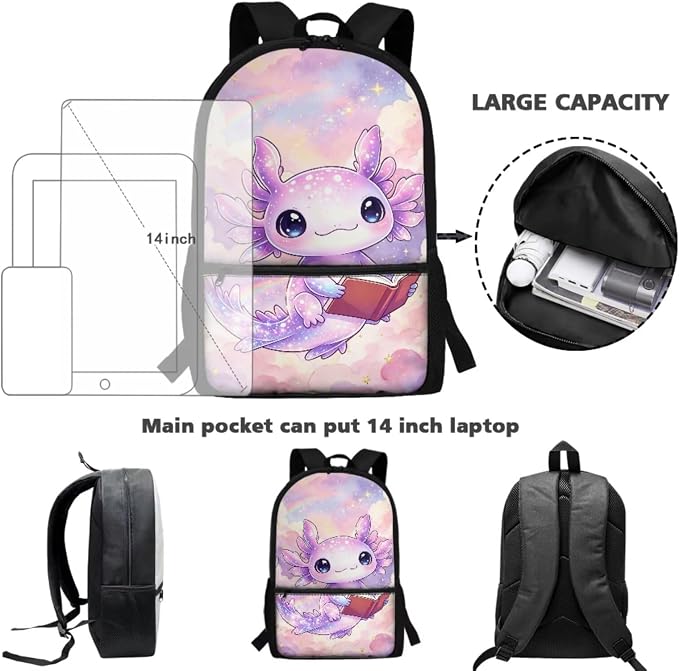 Book‑Reading Axolotl Girls School Backpack Set, 17'' 4-Piece Bookbag with Insulated Lunch Box, Pencil Case & Water Bottle Holder, Cute Schoolbag for Kids Age 6-12, Elementary Grade 1-6 - Image 4