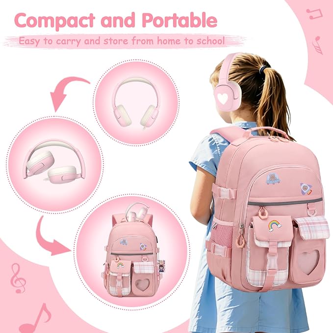 ACESAK Backpack for Girls with Headphones - Girls Backpack with Lunch Box, Pencil Case & Kids Headset - 3.5mm Wired Headphones for School Bookbag Schoolbag Set Back To School Gift (Pink) - Image 5