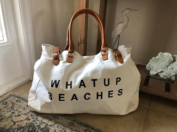Lamyba Beach Bag with Vegan Leather Handle, Extra Large Beach Bag for Women Waterproof Sandproof, White | with Vegan Leather Handle - Image 3