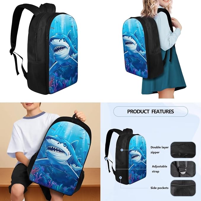 Backpack for Boys with Reusable Lunch Bag Pencil Bag Water Bottle Sling for School, Sea Shark Double Zipper Students Schoolbag Bookbag Elementary Middle School Rucksack - Image 3