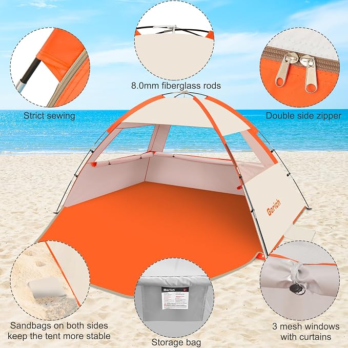 Gorich Beach Tent Sun Shelter for 3/4/6/8/10 Person with UPF 50＋ UV Protection, Lightweight & Easy Setup Beach Shade Canopy, Portable Beach Shade Tent Beach Cabana - Image 5