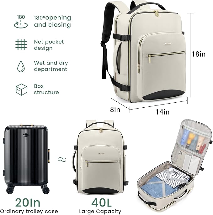 LOVEVOOK 40L Large Travel Backpack for Women Men, 17 Inch Carry on Backpack for Traveling on Airplane, Personal Item Travel Bag Airline Approved, Business Causal Weekender Backpack, Beige-Black - Image 3