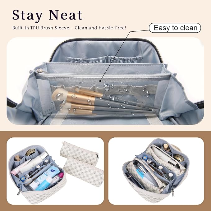 BOYATU Travel Makeup Bag Organizer Cosmetic Bag: 3 Pcs Set Make up Bags for Women with Handle - Waterproof Vegan Leather Toiletry Bags Travel Essentials Pouch with Compartments (H-03-White) - Image 3