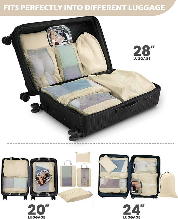 Gonex 8 Set Expandable Mesh Packing Cubes for Travel Essentials, Compression Organizer with Toiletry, Laundry, Shoe, Cable Bags - Beige - Image 7