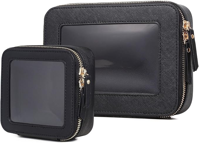 Clear Makeup Bag Set Portable Travel Cosmetic Bag and Toiletry Bag Women's Purse Pouch Cosmetic Stroage Organizer Bag with Zipper Car Essentials (Black, M+Mini) by LOFOWN