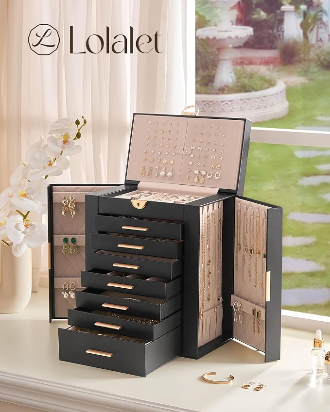 Lolalet Large Jewelry Box Organizer for Women, 8-Layer Jewelry Organizers and Storage Case with Mirror & 7 Drawers, Lockable Watch Ring Earring Bracelet Necklace Holder Girls Gift -8Layer, Black - Image 5