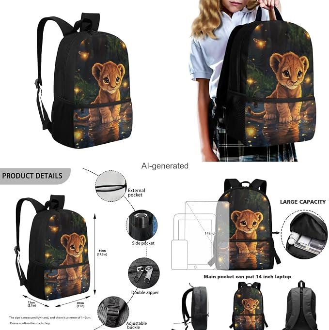 Cute Lion Backpack for Kids Boys Backpack with Lunch Box Water Bottle Carrier and Zipper Pencil Case 4PCS Set Bookbag with Front Pocket for School 17 inch Elementary School Bag for Girls - Image 3