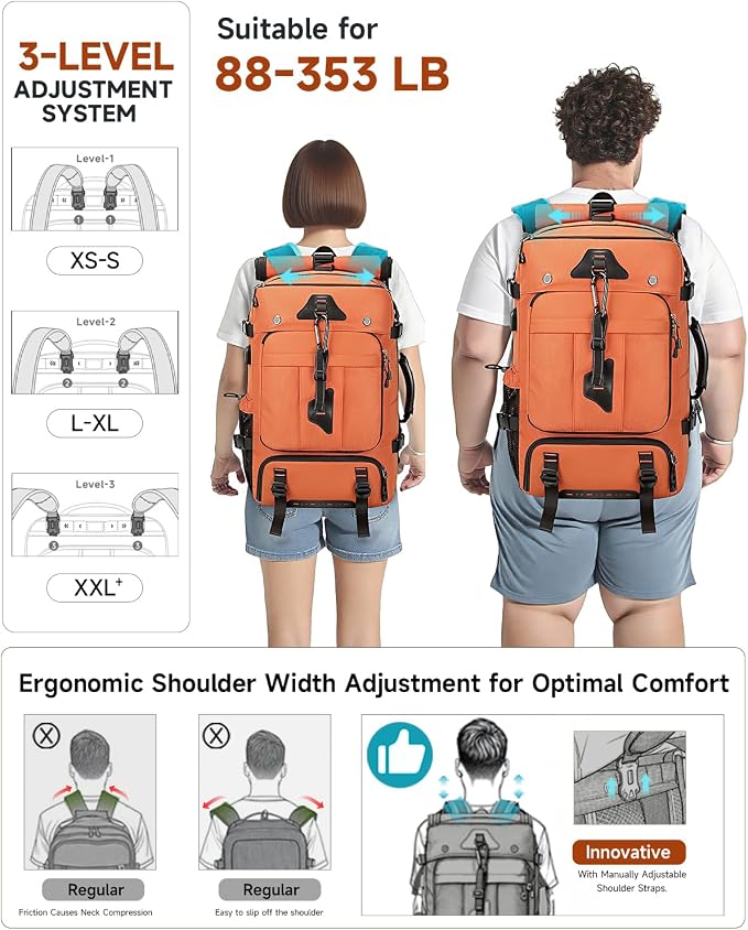 Travel backpack for men,40L Large Carry on Backpack Durable Convertible Duffle Bag with Shoe Compartment Fit for 16 Inch Laptop for travel, camping,Weekender Hiking Orange - Image 5