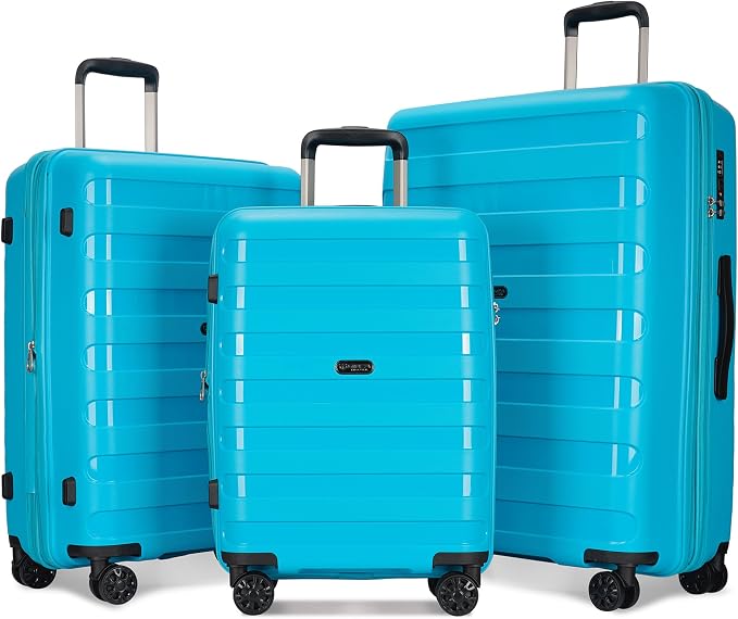 GinzaTravel PP material 3-piece expandable luggage sets with Spinner Wheels， Suitcase with TSA Lock，Large Luggage for Family Travel carry on 20/24/28，Lake Blue color by GinzaTravel