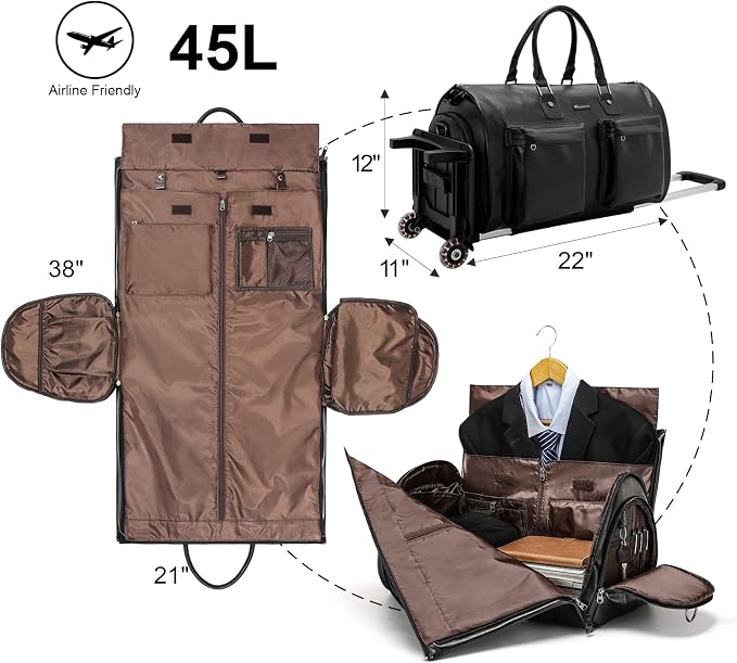 Modoker Convertible Rolling Garment Bag, Carry-On Duffle | 3-in-1 carry-on rolling duffle bag with wheels, suit carrier for overnight travel for both men and women - Image 3