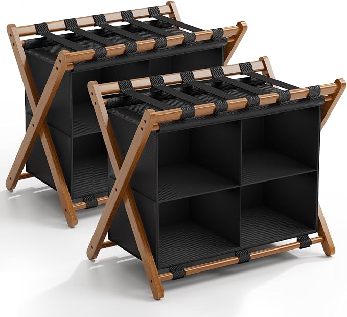 Bamboo Luggage Rack 2 Pack with 4 Storage Compartments, Foldable Suitcase Stand for Guest Room, 150lbs Capacity, Sturdy, Space-Saving and Easy to Assemble Organizer by Unknown