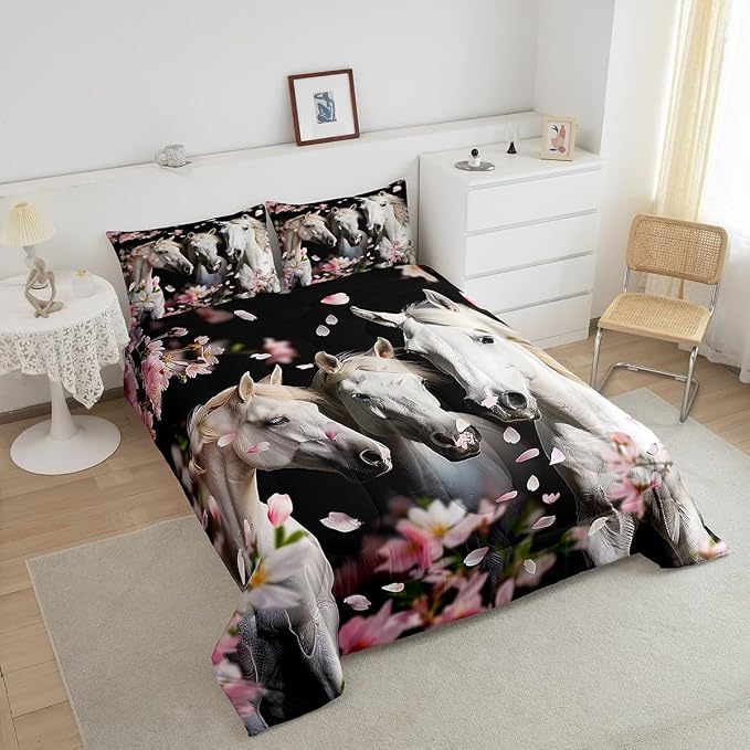 Erosebridal Kids Horse Bedding Set Chic Cherry Blossom Bedding Comforter Set for Girls Teens Galloping Horse Printed Comforter 3D Wild Animal Duvet Set Bedroom Decor Quilt Set 2Pcs Twin Size - Image 4