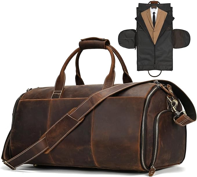 Full Grain Genuine Leather 2-in-1 Garment Dufflel Bag for Men Foldable Suit Carrier with Independent Shoe Compartment, Large Capacity Weekender Overnight Travel Bag for Business Trips, Coffee by Unknown