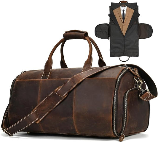 Full Grain Genuine Leather 2-in-1 Garment Dufflel Bag for Men Foldable Suit Carrier with Independent Shoe Compartment, Large Capacity Weekender Overnight Travel Bag for Business Trips, Coffee by Unknown